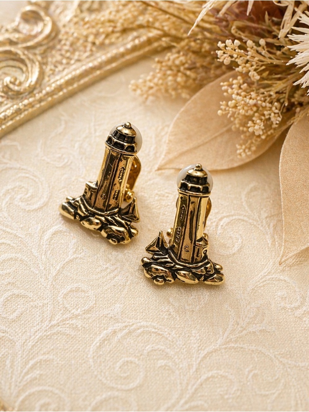 Vintage Gold Tone Lighthouse Clip on Earrings Sea Ocean Beach